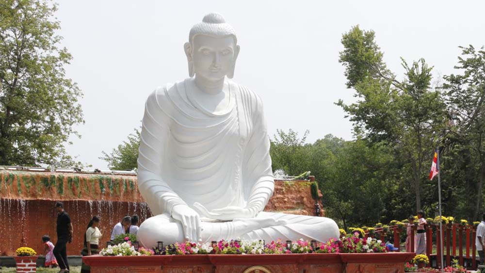 white buddha statue with flowers below