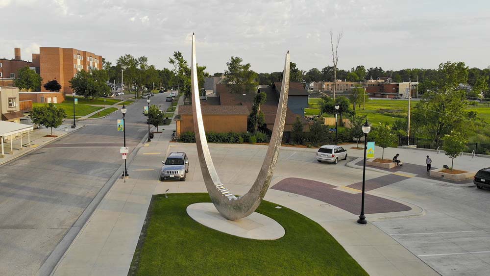 Birds eye view of Echo, a u-shaped silver-colored sculpture