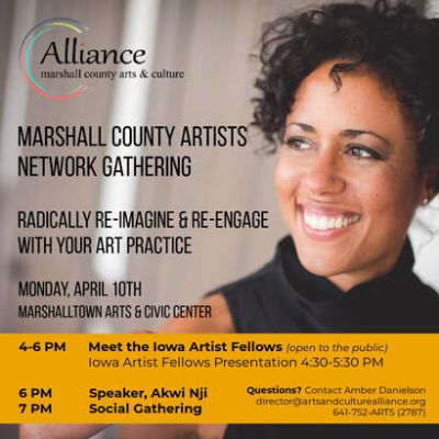 a graphic containing event details about the Marshall County Artists Network Gathering April 10